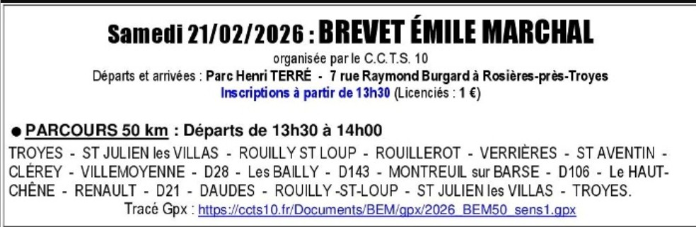 SAMEDI 21/02/2026 BREVET EMILE MARCHAL des 50 Kms