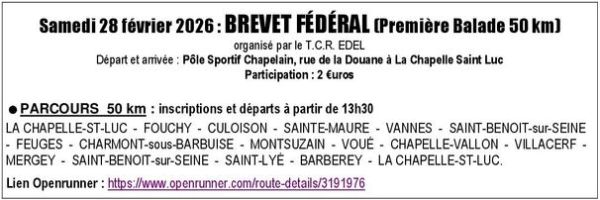 SAMEDI 28/02/2026 BREVET FEDERAL 1ER BALADE 50 KM T.C.R EDEL