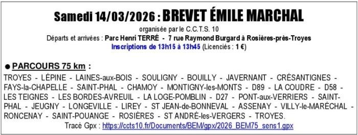 SAMEDI 14/03/2026 BREVET EMIL MARCHAL 75 KM